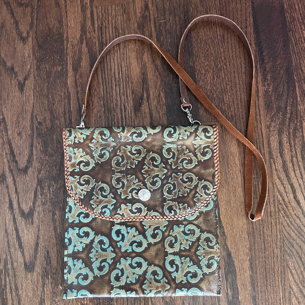 Unbranded Embossed Brown and Turquoise Leather Crossbody‎